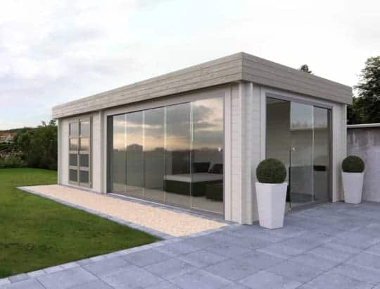 gaardenhaischen-gartenhaus-abri de jardin-chalet-pavillon-gartenlaube-carport-garten-jardin-holzkonstruktion-construction en bois-romantic-cosmos-glasschiebeelemente-vitres éléments coulissants-flachdach-toit plat